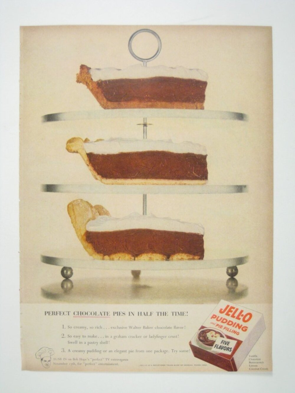 Vintage Jello Pudding Pie Recipe Ad Print 1953 Baker Chocolate Pie Kitchen Decor